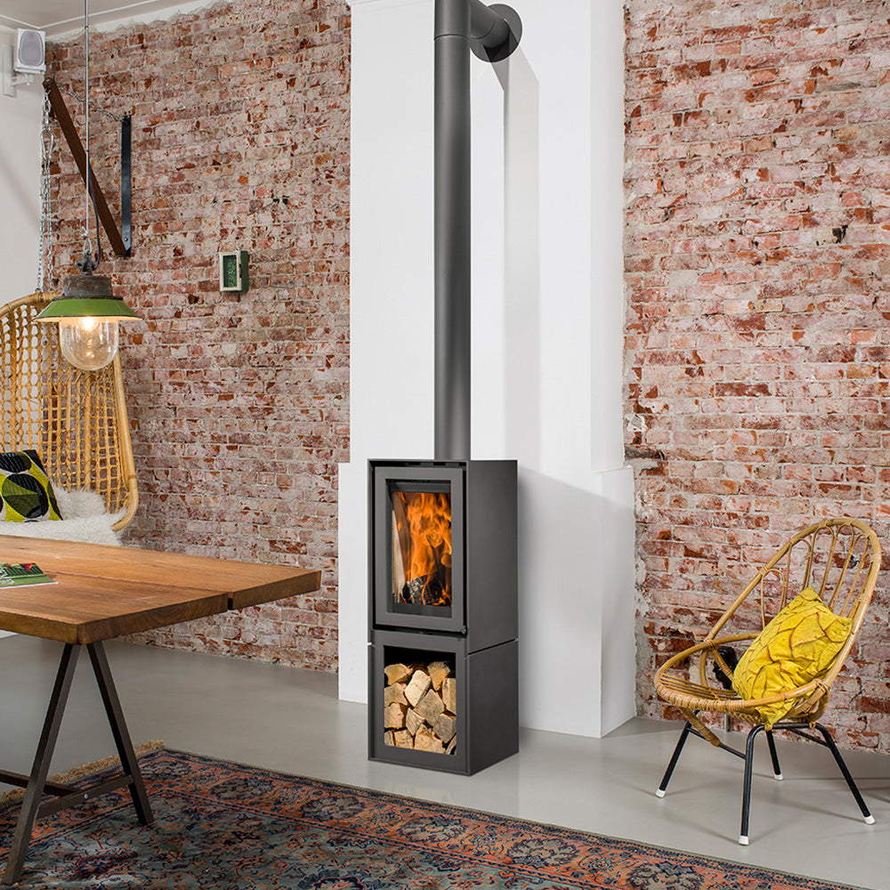 Barbas Box 20 45 Freestanding Wood Burner with a Log Store and a Glass Door