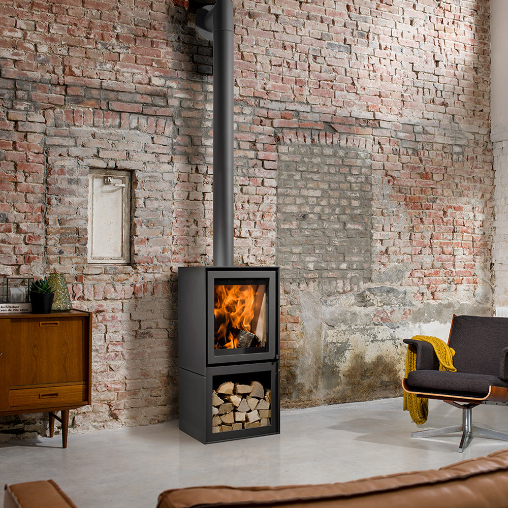 Barbas Box 20 55 Freestanding Wood Burner with a Log Store and a Glass Door