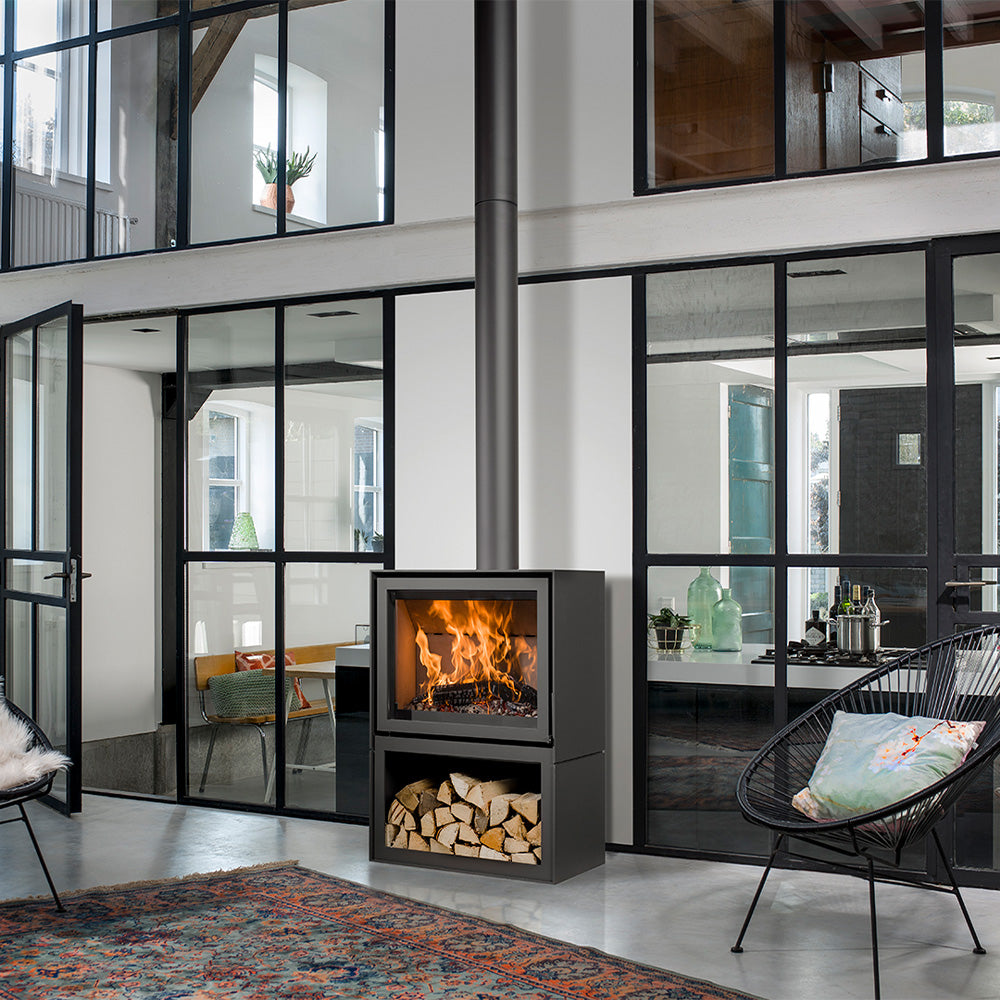 Barbas Box 20 80 Freestanding Wood Burner with a Log Store and a Steel Door