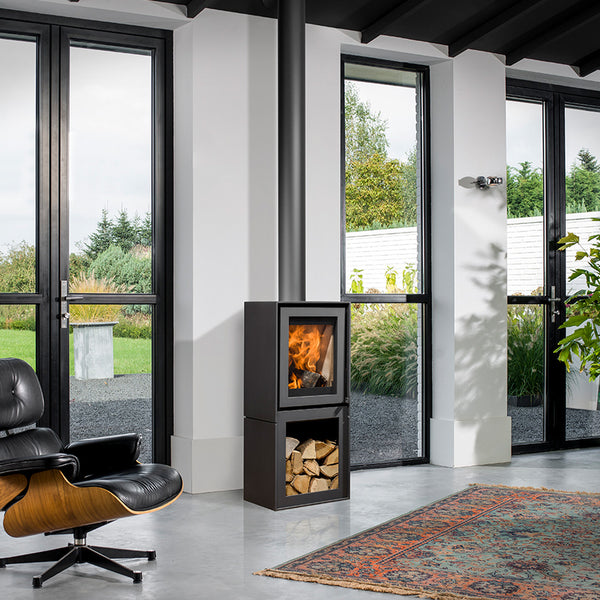 Barbas Box 20 40 Freestanding Wood Burner with a Log Store and a Glass Door