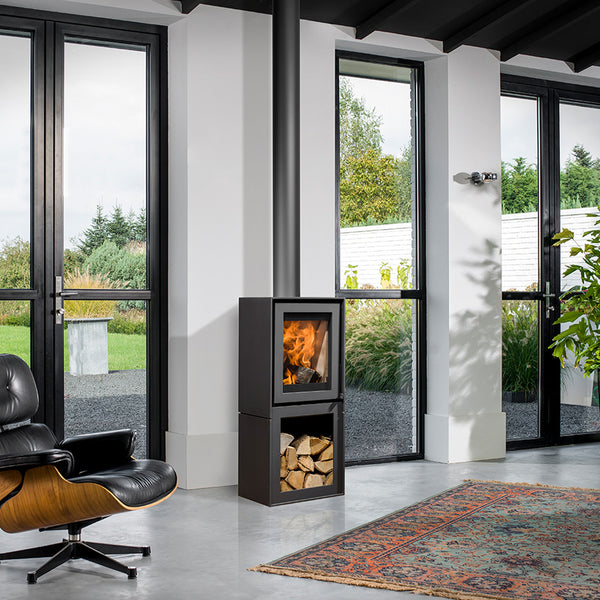 Barbas Box 20 40 Freestanding Wood Burner with a Log Store and a Steel Door