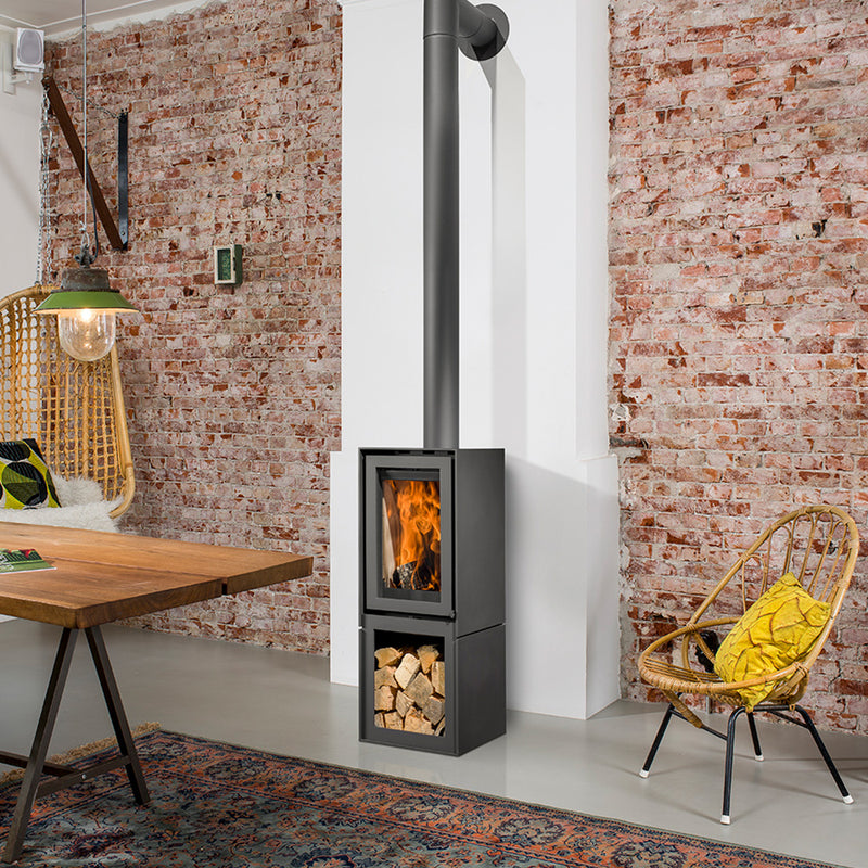 Barbas Box 20 45 Freestanding Wood Burner with a Log Store and a Glass Door