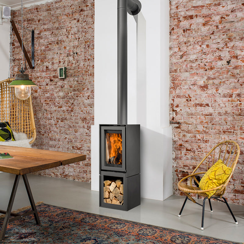 Barbas Box 20 45 Freestanding Wood Burner with a Log Store and a Steel Door
