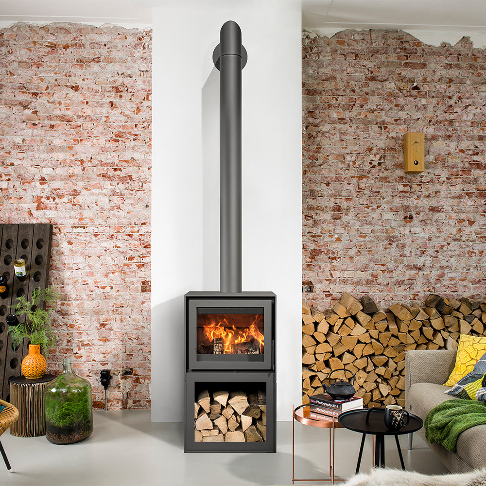 Barbas Box 20 52 Freestanding Wood Burner with a Log Store and a Glass Door
