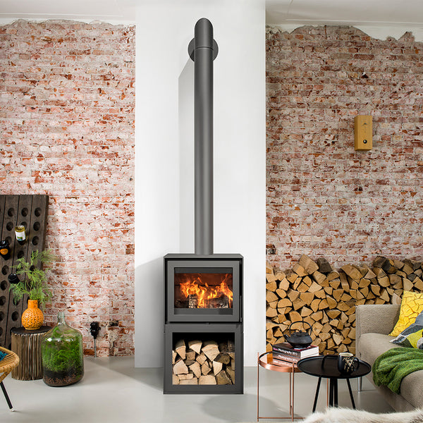 Barbas Box 20 52 Freestanding Wood Burner with a Log Store and a Steel Door