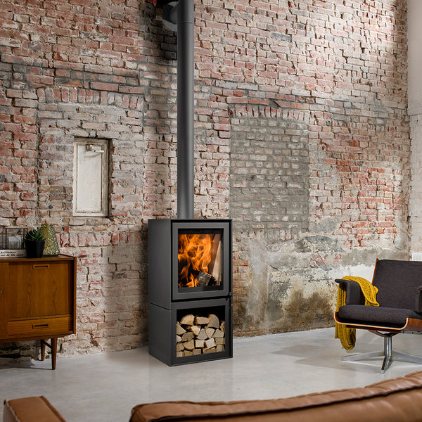 Barbas Box 20 55 Freestanding Wood Burner with a Log Store and a Steel Door