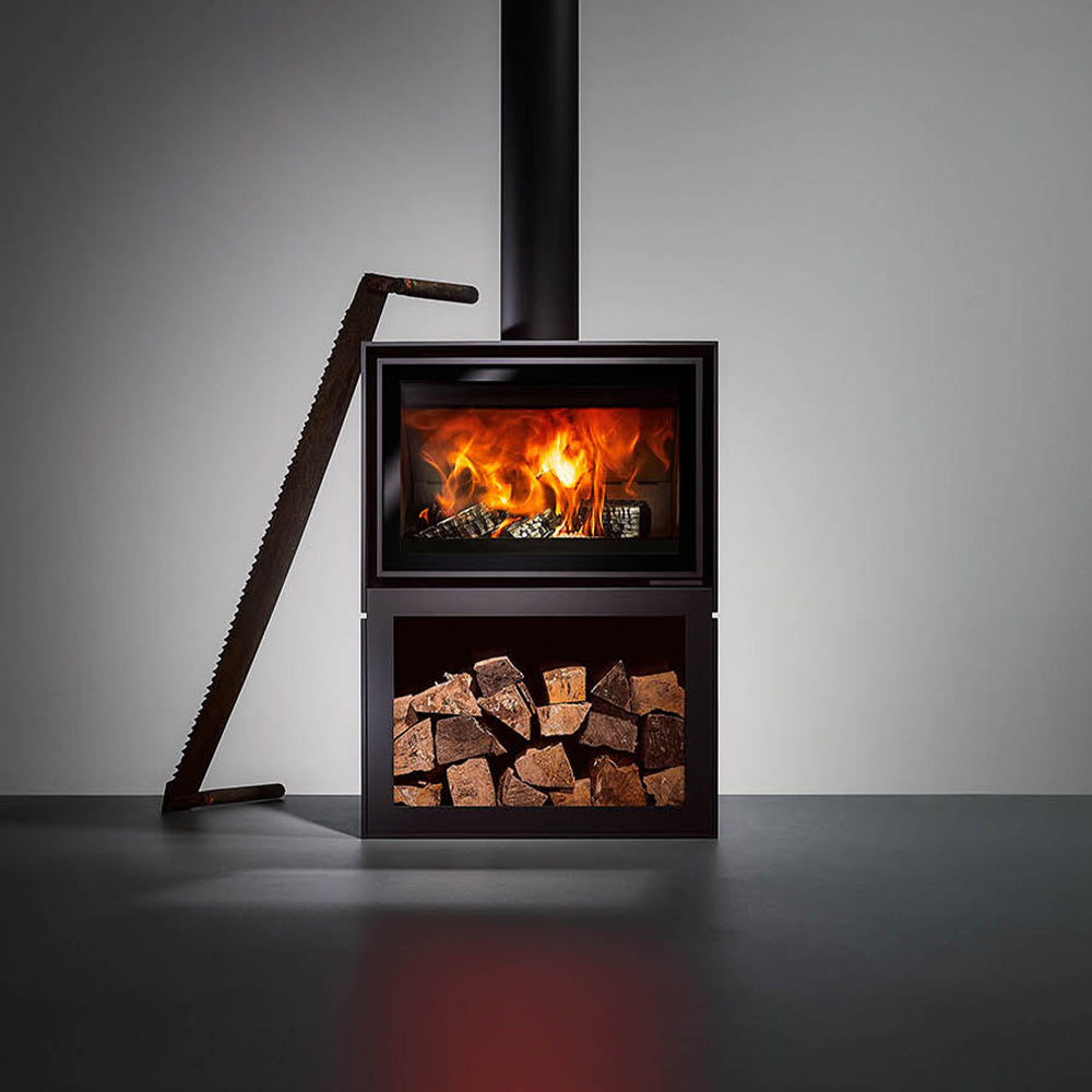 Barbas Box 20 65 Freestanding Wood Burner with a Log Store and a Glass Door