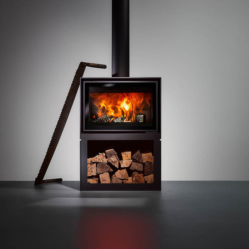 Barbas Box 20 65 Freestanding Wood Burner with a Log Store and a Steel Door