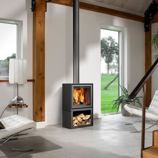 Barbas Box 20 67 Freestanding Wood Burner with a Log Store and a Steel Door