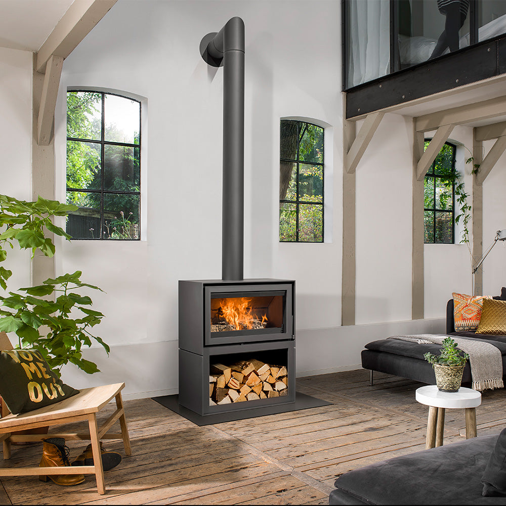 Barbas Box 20 75 Freestanding Wood Burner with a Log Store and a Glass Door