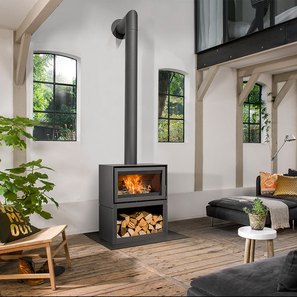Barbas Box 20 75 Freestanding Wood Burner with a Log Store and a Steel Door