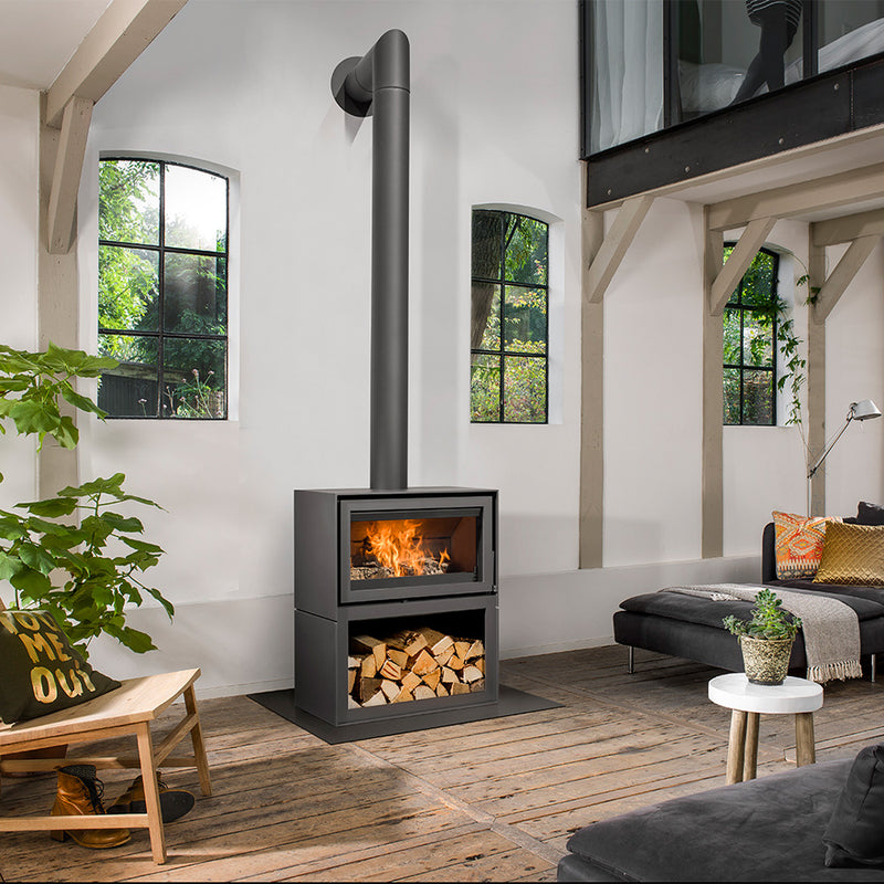 Barbas Box 20 75 Freestanding Wood Burner with a Log Store and a Steel Door