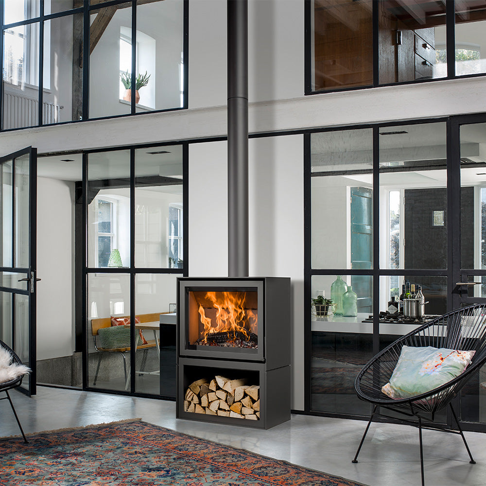 Barbas Box 20 80 Freestanding Wood Burner with a Log Store and a Glass Door