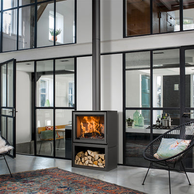 Barbas Box 20 80 Freestanding Wood Burner with a Log Store and a Steel Door