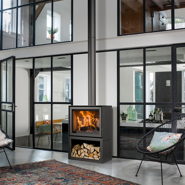 Barbas Box 20 80 Freestanding Wood Burner with a Log Store and a Steel Door