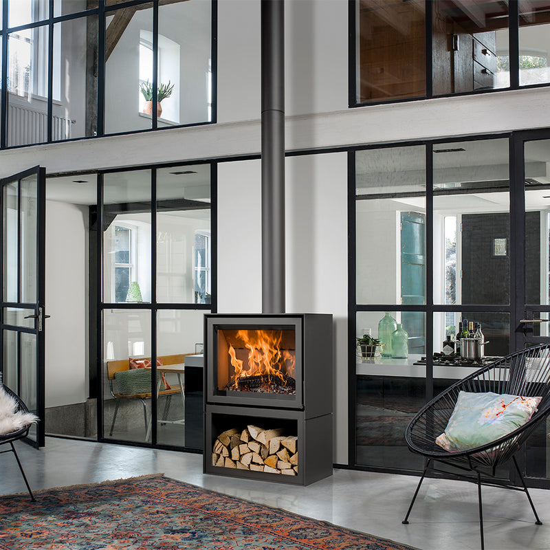 Barbas Box 20 80 Freestanding Wood Burner with a Log Store and a Steel Door